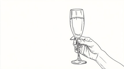 Vintage line art illustration of a hand holding a glass of champagne, celebrating, elegant and minimal, white background