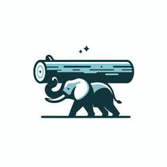 Image of an elephant lifting a large piece of wood using its trunk with a simple and minimalist flat design using a white background