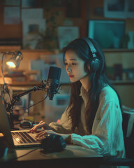 Young Asian woman recording a podcast at home, sitting at a desk with a professional microphone and laptop, wearing headphones