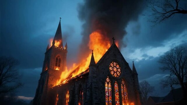 A gothic church is engulfed in massive flames under a dark, stormy night sky, symbolizing a crisis of faith, dramatic loss, or social and cultural conflict