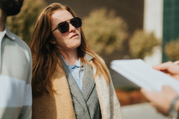 A fashionable woman with sunglasses having a discussion outside, expressing confidence. The candid...