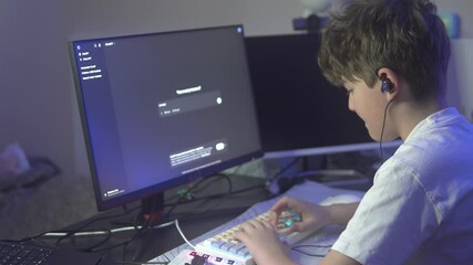 A young boy types a prompt into ChatGPT on his desktop computer. He is focused, wearing earphones, surrounded by a glowing keyboard and modern tech setup. - Powered by Adobe