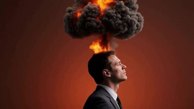 A businessman in a suit looks up at a fiery explosion above his head, a powerful metaphor for a groundbreaking idea, intense pressure, professional burnout or imminent risk