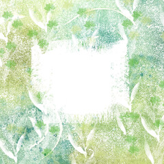 Ecological green textured border for text. Watercolor texture pattern in grunge style, creative card design, postcards. A delicate, summery, sophisticated frame for text, design, and invitations.