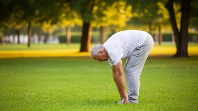 Senior man stretching outdoors. Elderly male bending forward. Mature gentleman exercising park. Active aging lifestyle concept. Healthy retirement fitness routine.