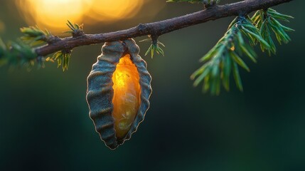 A seed pod, backlit by sunrise, hangs on a branch
