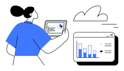 Woman holding a tablet displaying charts, with a bar graph on a computer screen beside her. Ideal for business strategy, analytics, technology, teamwork, cloud computing, data visualization, simple