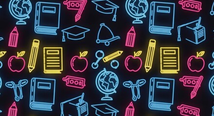 Vibrant Neon Glow of Education Symbols Like Books Apples Pencils Globes and Graduation Caps on a Dark Textured Background for Learning and Knowledge Celebration