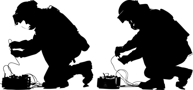 Silhouette of a Bomb Disposal Expert or EOD Technician Deactivating a Device