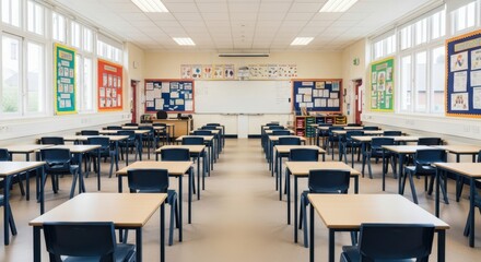 An Empty Classroom Filled With Rows of Desks and Chairs Under Bright Fluorescent Lights Ready for Students