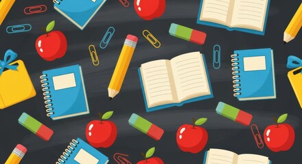 Vibrant Backdrop Featuring Various School Supplies Including Apples Notebooks Pencils Erasers and Open Books on a Dark Textured Surface Illustrating Education and Learning Concepts