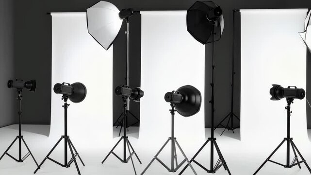 Professional photo studio setup with multiple strobe lights and white backdrop for portrait photography and video shoots.