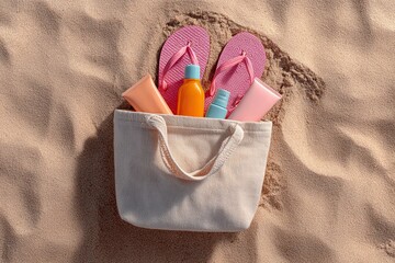 Summer Travel Essentials Flat Lay: Beige Beach Bag with Sunscreen and Pink Flip-Flops on Sand