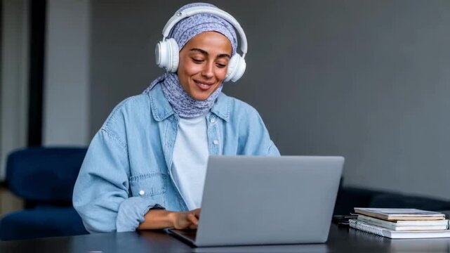 Smiling muslim woman in hijab and headphones using a laptop for an online class or video call, representing modern remote work, e-learning and digital communication - Powered by Adobe