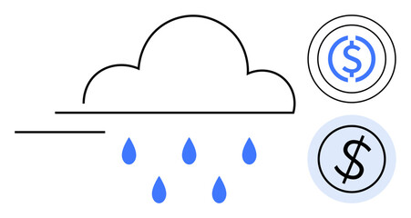 Cloud releasing blue drops paired with dollar sign coins. Ideal for finance, saving, economic growth, investing, wealth management, fintech, online banking ideas. Simple flat metaphor