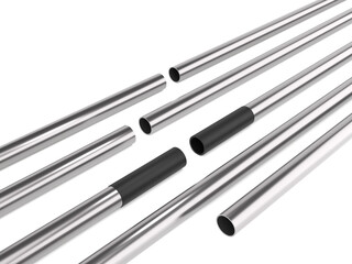 Steel metal pipes, industrial products, Galvanized and stainless, 3D rendering.