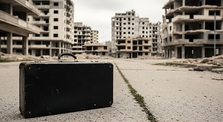 Old black suitcase on abandoned street with ruined buildings in background, representing travel, displacement, war, poverty, and isolation concept, immigration problem