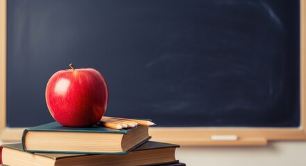 An old red apple rests on a stack of worn books in front of a dusty blackboard ready for a new school day education knowledge learning learning and growth opportunities