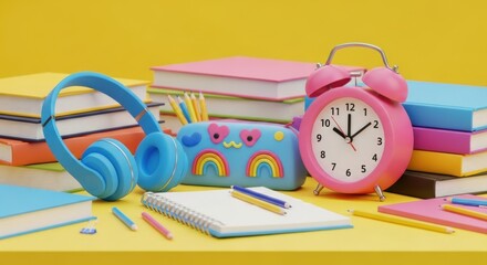 Vibrant School Supplies Arrangement Featuring Headphones A Pencil Case An Alarm Clock And Stacks Of Colorful Books On A Yellow Desk Creating An Inviting Educational Atmosphere