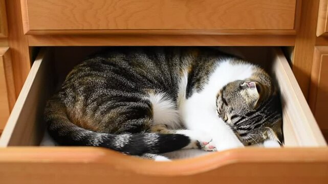 Calico cat sleeping in open drawer