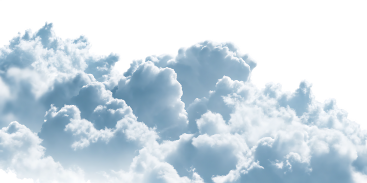 Fluffy cumulus clouds with blue tint isolated on a transparent background white