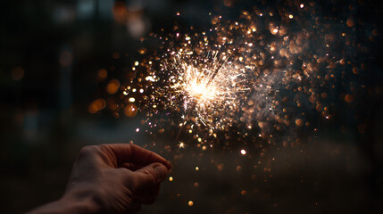 Hand holding a sparkler with bright golden sparks against a dark blurry background