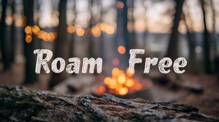 Hazy background of a camping area with the words "Roam Free," emphasizing freedom and peaceful exploration.