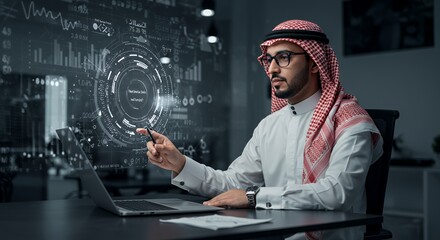 Arab businessman using futuristic technology for financial analysis.