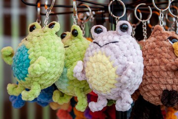 New soft knitted toys, hand made from yarn.