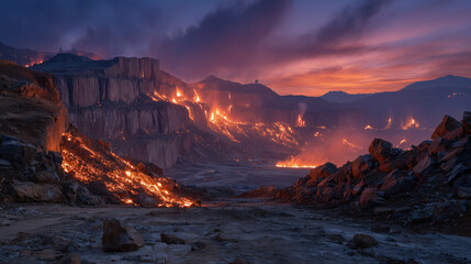 Fototapeta premium Coal fire smolders beneath the earthâs surface in a mining wasteland, glowing red fissures cracking the ground, dark smoke oozes upward, a visual metaphor for long-term environment