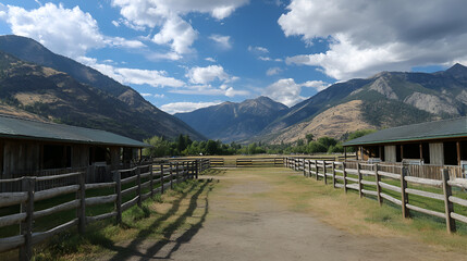 Fototapeta premium Ranch scene with mountains buildings and fences under a partly cloudy sky