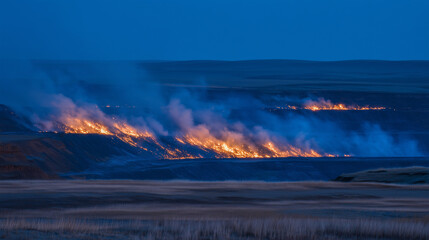 Fototapeta premium Evening light casts eerie hues across an open coal mine fire, glowing embers contrast with the murky sky, smoke layers stack on the horizon, underscoring the environmental cost of