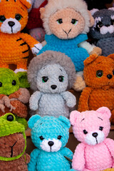New soft knitted toys, hand made from yarn.