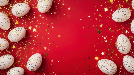 Festive red background with white eggs and gold confetti, stars.