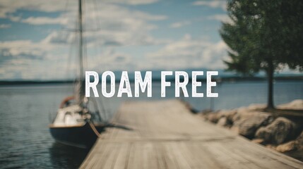 Simple scene with blurred tents and woods behind the phrase "Roam Free," expressing a message of solitude and movement.