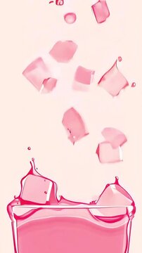 Vertical Animated Pink Lemonade Splash with Ice Cubes in Soft Pastel Vector Style UHD Loop