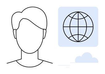 Abstract face silhouette paired with a globe and cloud element, symbolizing global identity, connection, diversity, and online presence. Ideal for communication, network, inclusivity, social media