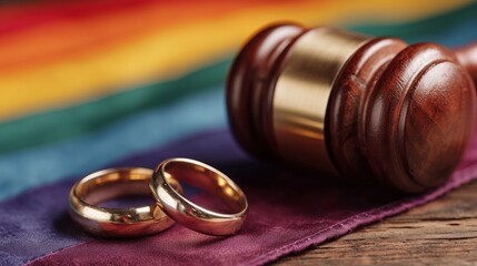 Marriage equality represented by wedding rings and judge gavel on pride flag symbolizing LGBT community rights and justice