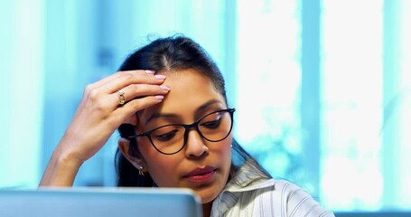 Indian businesswoman having headache while working on laptop at desk in modern cozy office, Asian young female showing stress and stiff neck symptoms while dealing with workload and physical pressure - Powered by Adobe