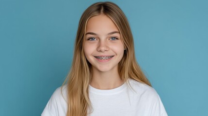Smiling teenager with braces showcases joyful expression against a simple blue background