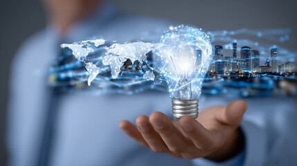 Close-up of a businessmanâs hand presenting a radiant light bulb, glowing with a translucent world map, futuristic city skyline in background, data streams flowing in the air