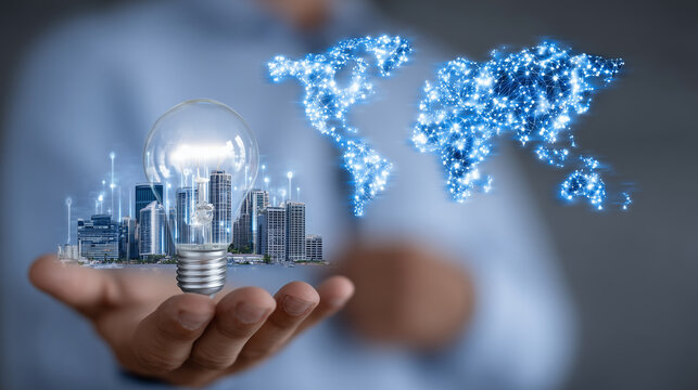 Close-up of a businessmanâs hand presenting a radiant light bulb, glowing with a translucent world map, futuristic city skyline in background, data streams flowing in the air