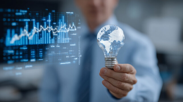 Business leader in dramatic lighting lifts a light bulb with a world map at its core, surrounded by binary code trails and financial infographics, depicting data-driven global succ