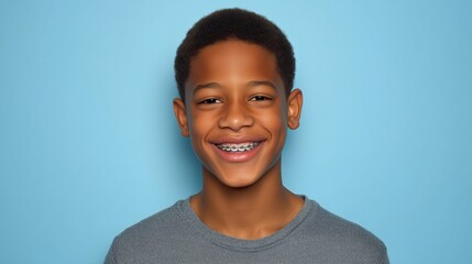 Teenager with braces smiling against a plain blue background showcasing bright expression and positive vibe