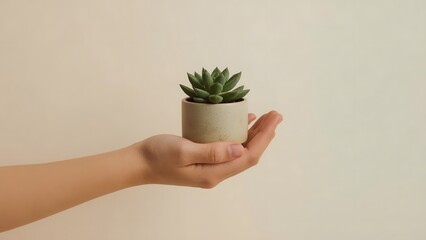 Hand holding a succulent in a pot on a beige background