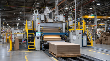 Factory floor with large automated machines feeding raw paper into a compression system, smooth sheets of cardboard emerging onto synchronized rollers, metallic textures and steam