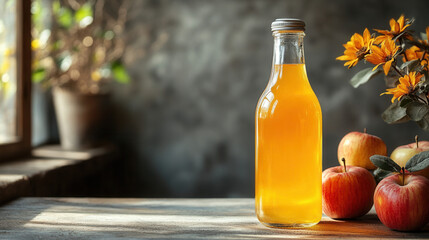 Glass bottle of homemade apple cider vinegar with label, set on neutral background 