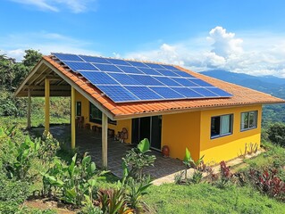 Green energy concept: solar panels on a house roof with blue sky
