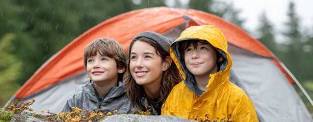 urban rainwear editorial Family Enjoying Rainy Day Near Camping Tent in Forest Landscape pet and owner rain jacket minimalist adventure rain style