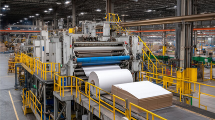 Cardboard manufacturing plant interior, massive steel machines churning through giant rolls of kraft paper, converted into uniform sheets ready for folding and packaging